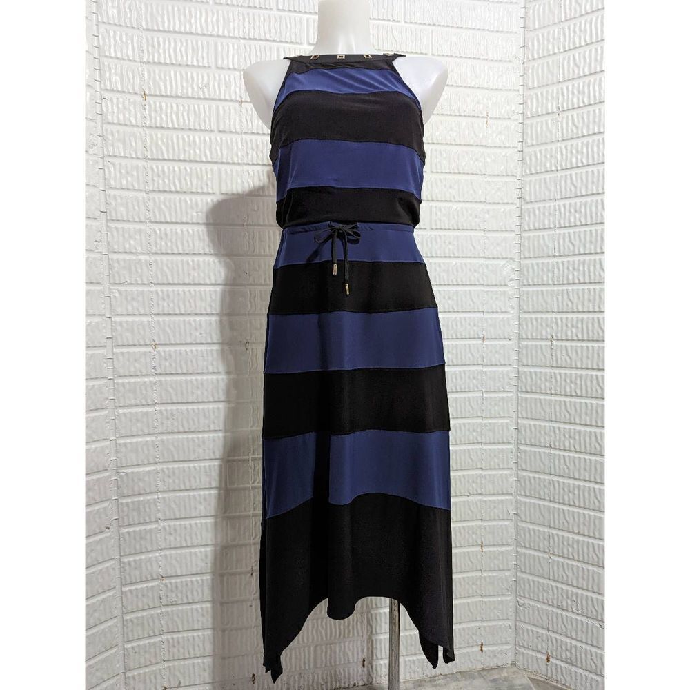 White House Black Market Women's Blue Black Stripe Knit A-line Midi Dress XXS